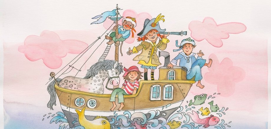 Pippi Langstrumpf, Thomas und Annika feiern Geburtstag auf einem Piratenschiff.