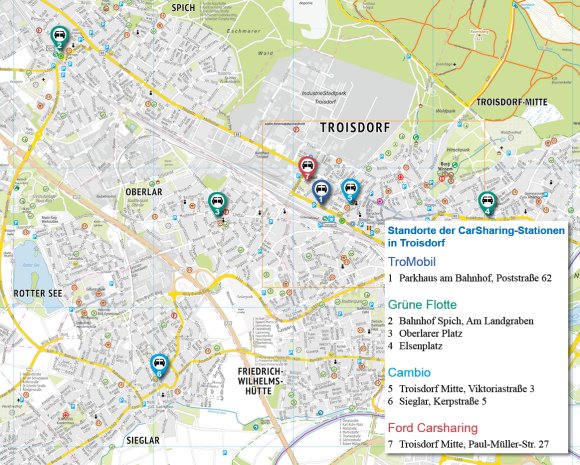 Standorte der CarSharing-Stationen in Troisdorf
