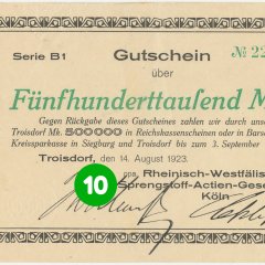 10. Türchen: Notgeldschein der Rheinisch-Westfälischen Sprengstoff AG vom 14.08.1923 mit Nominalwert von 500.000 Mark, Serie B1, Vorderseite (Stadtarchiv Troisdorf, Notgeldsammlung; Blog)