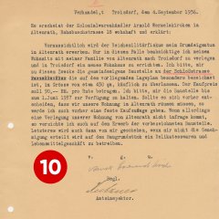 10. Türchen: Bitte des Arnold Wermelskirchen, wohnhaft im Rambusch 18 in Altenrath, ihm infolge der Verstaatlichung Altenraths durch die Wehrmacht ein gemeindeeigenes Grundstück an der Schloßstr. in Troisdorf zur Verfügung zu stellen, 4. September 1936 (Quelle: Stadtarchiv Troisdorf, A 1216)