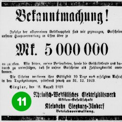 11. Türchen: Bekanntmachung vom 18.08.1923, dass die RWE bzw. die Betriebsverwaltung der Kleinbahn Siegburg-Zündorf Gutscheine als Zahlungsmittel herausgibt (Stadtarchiv Troisdorf, Pressesammlung: Siegburger Kreisblatt vom 18. August 1923; Blog)