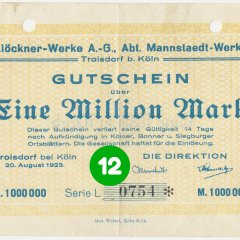 12. Türchen: Notgeldschein der Klöckner-Werke AG, Abt. Mannstaedt-Werke, Troisdorf vom 20.8.1923 mit Nominalwert von 1.000.000 Mark, Serie L, Vorderseite (Stadtarchiv Troisdorf, Notgeldsammlung; Blog)