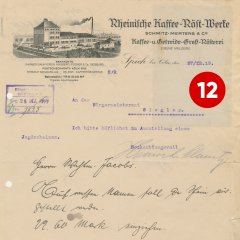 12. Türchen: Schreiben des Inhabers der Kaffeerösterei Schmitz-Mertens, Heinrich Mertens, an das Bürgermeisteramt Sieglar vom 27. Dezember 1919 mit der Bitte um Ausstellung eines Jagdscheins (Stadtarchiv Troisdorf, B 922)