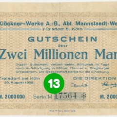 13. Türchen: Notgeldschein der Klöckner-Werke AG, Abt. Mannstaedt-Werke, Troisdorf vom 20.8.1923 mit Nominalwert von 2.000.000 Mark, Serie M, Vorderseite (Stadtarchiv Troisdorf, Notgeldsammlung; Blog)