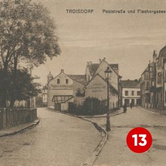 13. Türchen: Die Poststraße und Fischergasse auf einer historischen Ansichtskarte, Verlag Wilhelm Hagedorn (Quelle: Stadtarchiv Troisdorf)