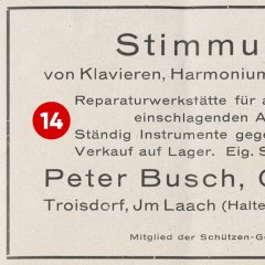 14. Türchen: Anzeige des Orgelbauers Peter Busch, Im Laach, in der Festschrift der Troisdorfer Schützen-Gesellschaft aus dem Jahr 1927 (Quelle: Stadtarchiv Troisdorf, Zeitgeschichtliche Sammlung)