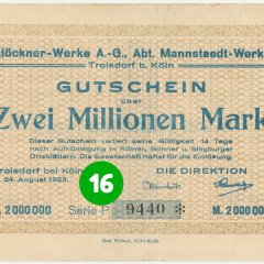 16. Türchen: Notgeldschein der Klöckner-Werke AG, Abt. Mannstaedt-Werke, Troisdorf vom 24.8.1923 mit Nominalwert von 2.000.000 Mark, Serie P, Vorderseite (Stadtarchiv Troisdorf, Notgeldsammlung; Blog)