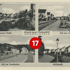 17. Türchen: Verschiedene Straßen im Troisdorfer Krapelsfeld auf einer historischen Ansichtskarte, Verlag F. Vogel in Oberlar (Quelle: Stadtarchiv Troisdorf)