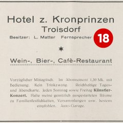 18. Türchen: Anzeige des "Hotel zum Kronprinzen" (Kronprinzenstr.) in der Festschrift der Troisdorfer Schützen-Gesellschaft aus dem Jahr 1927 (Quelle: Stadtarchiv Troisdorf, Zeitgeschichtliche Sammlung)