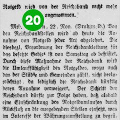 20. Türchen: Zeitungsmeldung, dass die Reichsbankstellen ab sofort die Annahme von Notgeld jeglicher Art verweigern (Stadtarchiv Troisdorf, Pressesammlung: Siegburger Kreisblatt vom 23. November 1923; Blog)