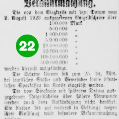 22. Türchen: Bekanntmachung des Landrats vom 18.12.1923, dass die vom Siegkreis herausgegebenen Notgeldscheine aufgekündigt werden und nur noch bis zum 25. Dezember eingelöst werden können (Stadtarchiv Troisdorf, Pressesammlung: Siegburger Kreisblatt vom 19. Dezember 1923; Blog)