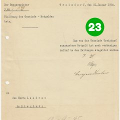 23. Türchen: Schreiben des Troisdorfer Bürgermeisters an den Landrat in Siegburg vom 21.01.1924 mit der Mitteilung, dass das von der Gemeinde Troisdorf ausgegebene Notgeld eingelöst worden ist (Stadtarchiv Troisdorf, A 128, Bl. 53)