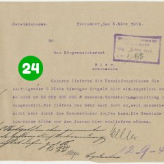 24. Türchen: Schreiben der Gemeindekasse an das Troisdorfer Bürgermeisteramt vom 06.03.1924 mit der Mitteilung, dass das restliche Notgeld von der Gemeindesparkasse abgeliefert wurde (Stadtarchiv Troisdorf, A 128, Bl. 56)