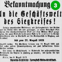 3. Türchen: Bekanntmachung vom 10.08.1923, dass die Rheinisch-Westfälische Sprengstoff AG Gutscheine als Zahlungsmittel herausgibt (Stadtarchiv Troisdorf, Pressesammlung: Siegburger Kreisblatt vom 10. August 1923; Blog)