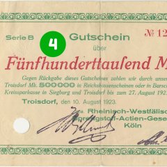 4. Türchen: Notgeldschein der Rheinisch-Westfälischen Sprengstoff AG vom 10.08.1923 mit Nominalwert von 500.000 Mark, Serie B, Vorderseite (Stadtarchiv Troisdorf, Notgeldsammlung; Blog)