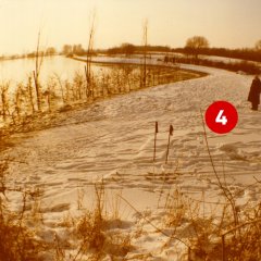 4. Türchen: Hochwasser in der Siegniederung, aufgenommen am 10.01.1982 (Fotograf: Fritz Vogel; Stadtarchiv Troisdorf, Fotonachlass Vogel)