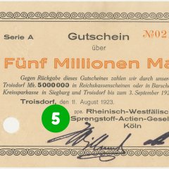 5. Türchen: Notgeldschein der Rheinisch-Westfälischen Sprengstoff AG vom 11.08.1923 mit Nominalwert von 5.000.000 Mark, Serie A, Vorderseite (Stadtarchiv Troisdorf, Notgeldsammlung; Blog)