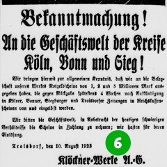 6. Türchen: Die Mannstaedtwerke fordern in einer Bekanntmachung vom 12.8.1923 die regionale Geschäftswelt auf, an die Belegschaft ausgegebene Notgeldscheine in Zahlung zu nehmen (Stadtarchiv Troisdorf, Pressesammlung: Siegburger Kreisblatt vom 12. August 1923; Blog)