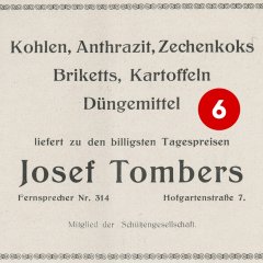 6. Türchen: Anzeige des Kohlenhändlers Josef Tombers, Hofgartenstraße 7, in der Festschrift der Troisdorfer Schützen-Gesellschaft aus dem Jahr 1927 (Quelle: Stadtarchiv Troisdorf, Zeitgeschichtliche Sammlung)