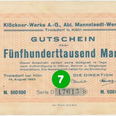 7. Türchen: Notgeldschein der Klöckner-Werke AG, Abt. Mannstaedt-Werke, Troisdorf vom 14.8.1923 mit Nominalwert von 500.000 Mark, Serie D, Vorderseite (Stadtarchiv Troisdorf, Notgeldsammlung; Blog)