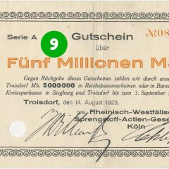 9. Türchen: Notgeldschein der Rheinisch-Westfälischen Sprengstoff AG vom 14.08.1923 mit Nominalwert von 5.000.000 Mark, Serie A, Vorderseite (Stadtarchiv Troisdorf, Notgeldsammlung; Blog)